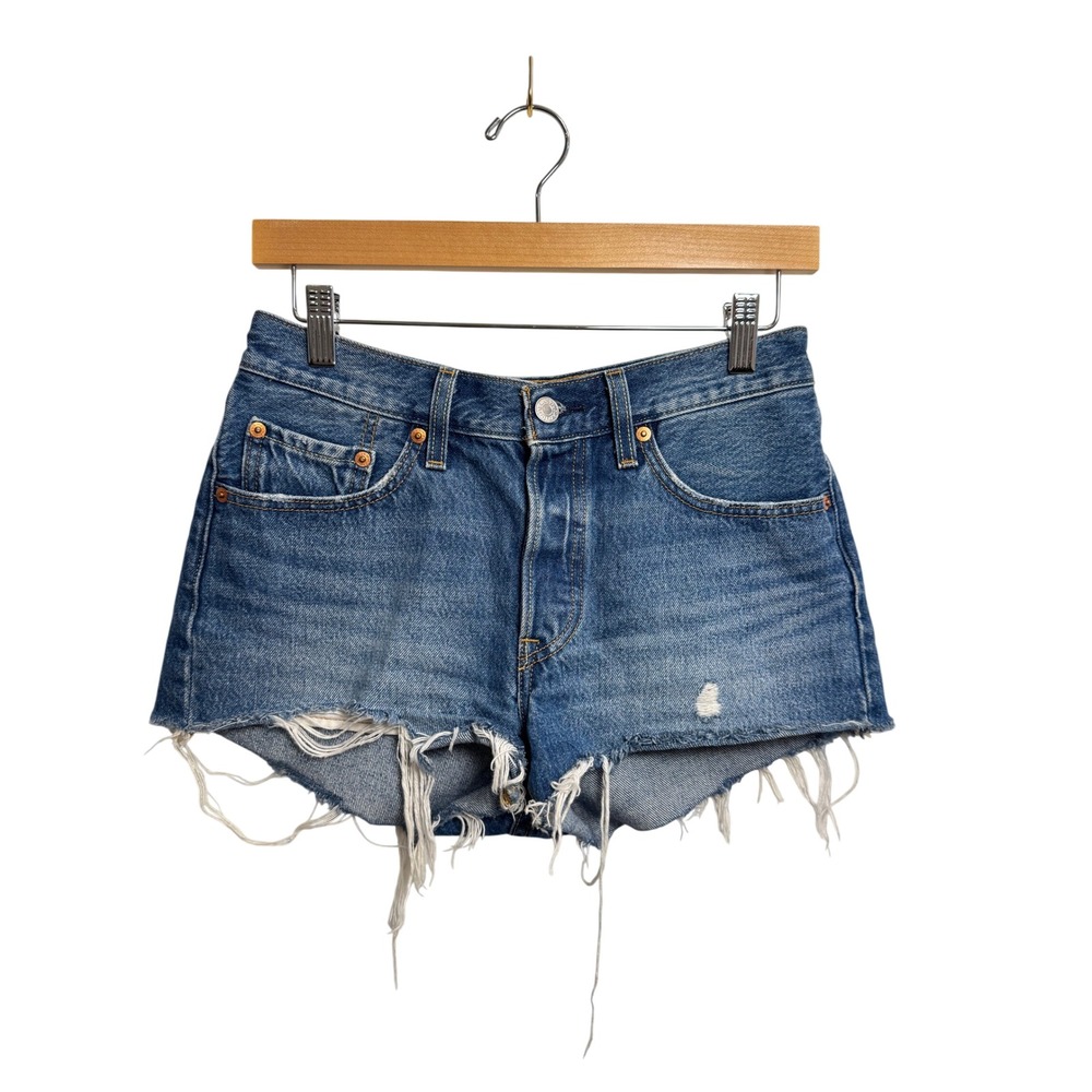 Levis 501 Original Denim Cutoff Shorts Medium Wash Distressed Blue High Rise